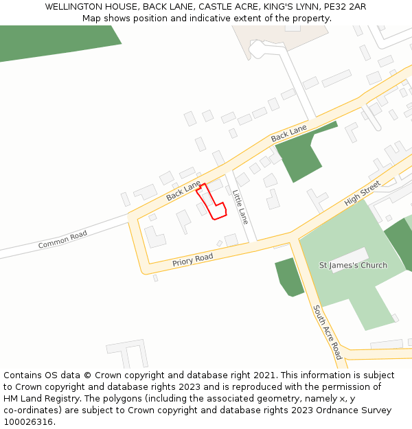 WELLINGTON HOUSE, BACK LANE, CASTLE ACRE, KING'S LYNN, PE32 2AR: Location map and indicative extent of plot