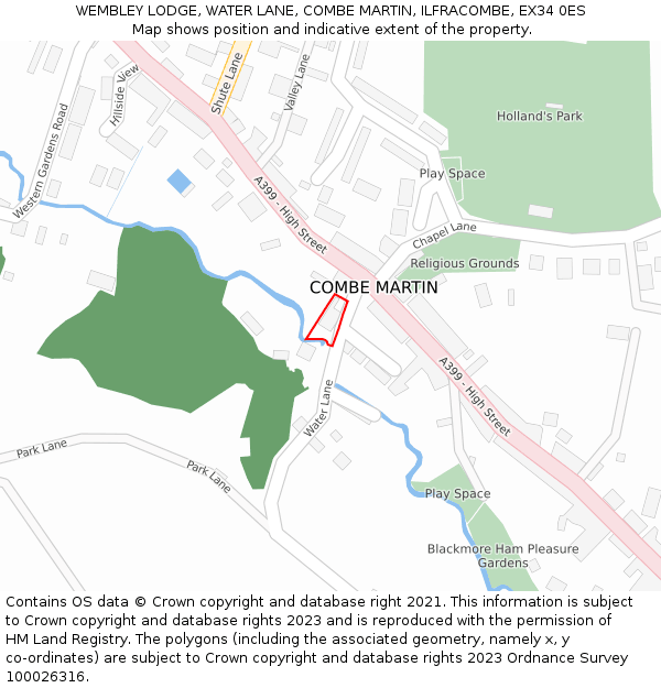 WEMBLEY LODGE, WATER LANE, COMBE MARTIN, ILFRACOMBE, EX34 0ES: Location map and indicative extent of plot