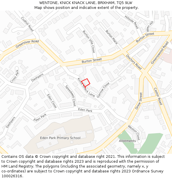 WENTONE, KNICK KNACK LANE, BRIXHAM, TQ5 9LW: Location map and indicative extent of plot