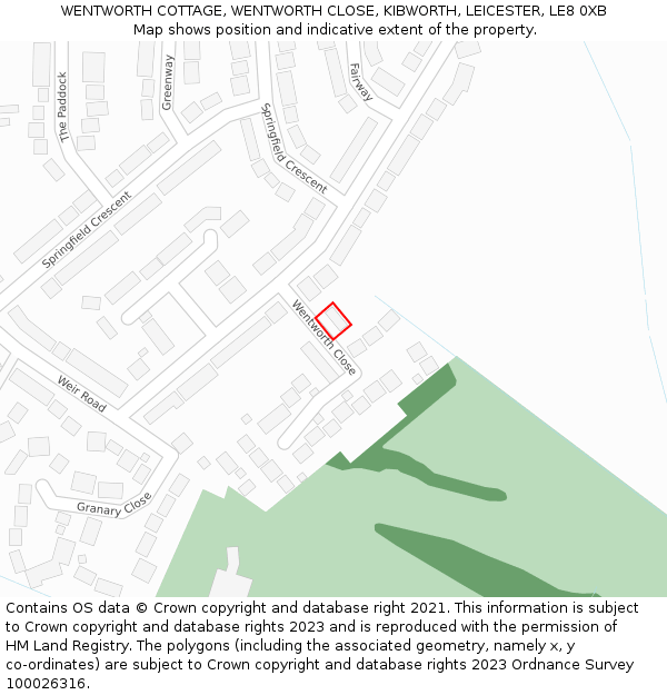 WENTWORTH COTTAGE, WENTWORTH CLOSE, KIBWORTH, LEICESTER, LE8 0XB: Location map and indicative extent of plot