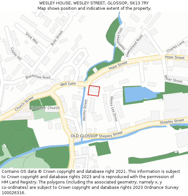 WESLEY HOUSE, WESLEY STREET, GLOSSOP, SK13 7RY: Location map and indicative extent of plot