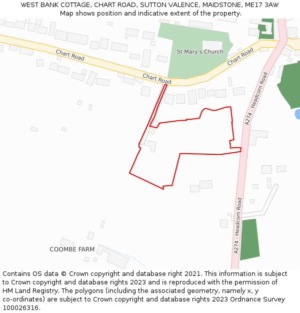 WEST BANK COTTAGE, CHART ROAD, SUTTON VALENCE, MAIDSTONE, ME17 3AW: Location map and indicative extent of plot