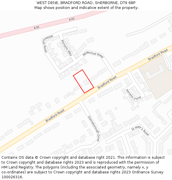 WEST DENE, BRADFORD ROAD, SHERBORNE, DT9 6BP: Location map and indicative extent of plot