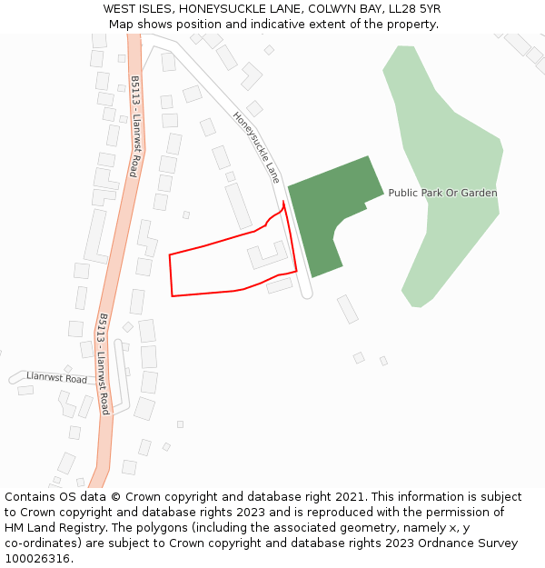 WEST ISLES, HONEYSUCKLE LANE, COLWYN BAY, LL28 5YR: Location map and indicative extent of plot