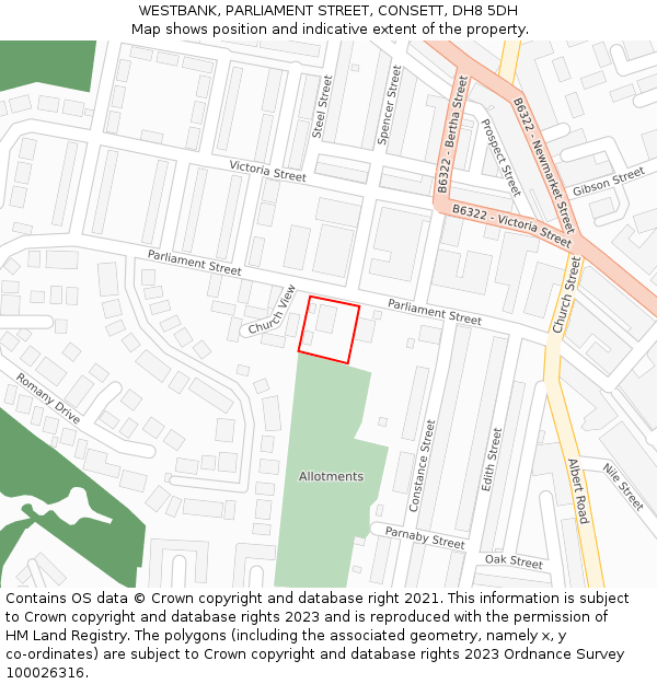 WESTBANK, PARLIAMENT STREET, CONSETT, DH8 5DH: Location map and indicative extent of plot