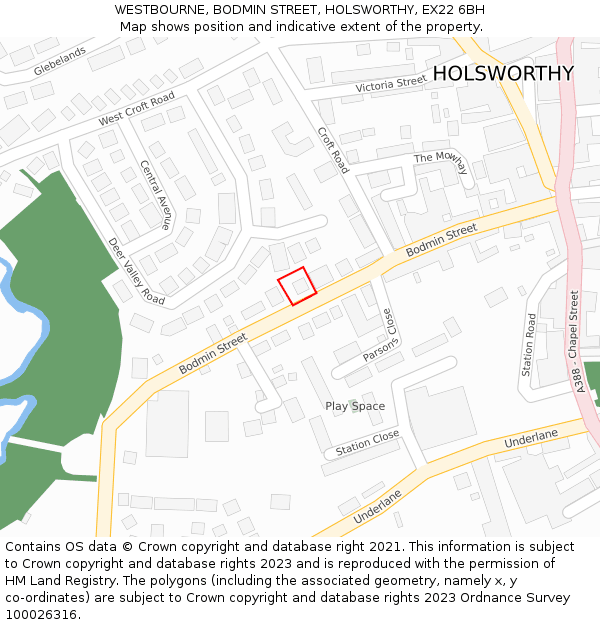 WESTBOURNE, BODMIN STREET, HOLSWORTHY, EX22 6BH: Location map and indicative extent of plot