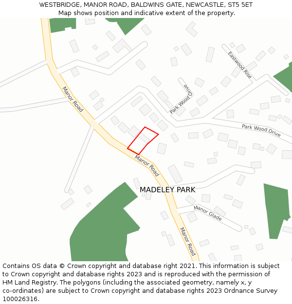 WESTBRIDGE, MANOR ROAD, BALDWINS GATE, NEWCASTLE, ST5 5ET: Location map and indicative extent of plot