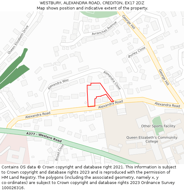 WESTBURY, ALEXANDRA ROAD, CREDITON, EX17 2DZ: Location map and indicative extent of plot