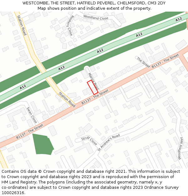 WESTCOMBE, THE STREET, HATFIELD PEVEREL, CHELMSFORD, CM3 2DY: Location map and indicative extent of plot