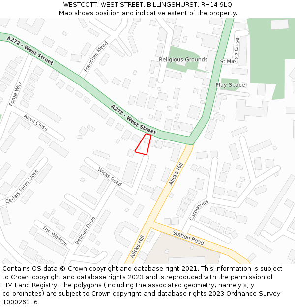 WESTCOTT, WEST STREET, BILLINGSHURST, RH14 9LQ: Location map and indicative extent of plot