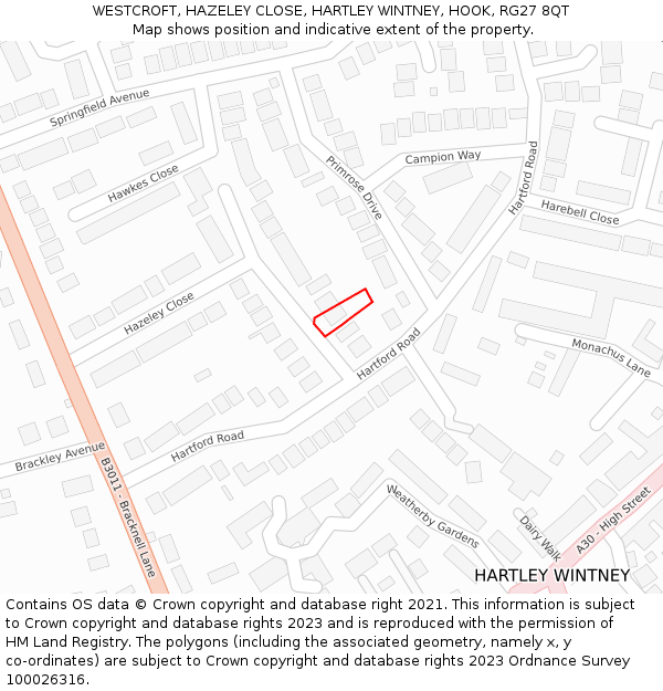 WESTCROFT, HAZELEY CLOSE, HARTLEY WINTNEY, HOOK, RG27 8QT: Location map and indicative extent of plot