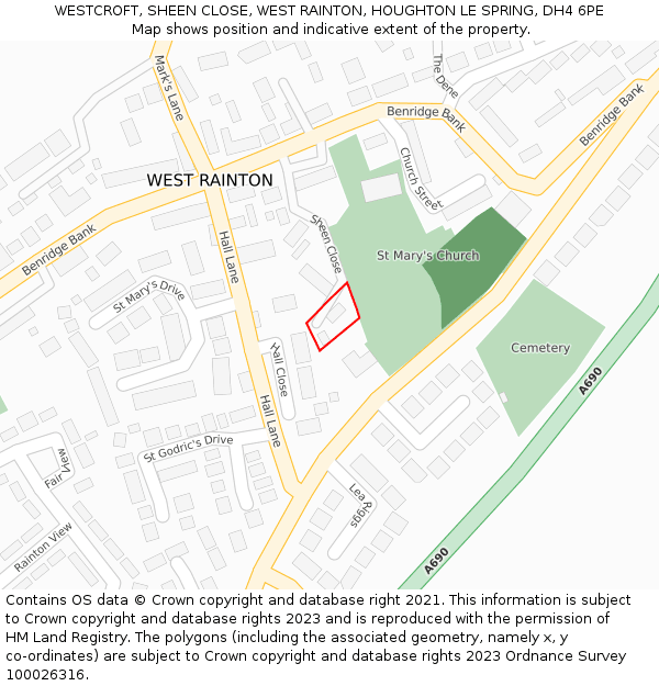 WESTCROFT, SHEEN CLOSE, WEST RAINTON, HOUGHTON LE SPRING, DH4 6PE: Location map and indicative extent of plot