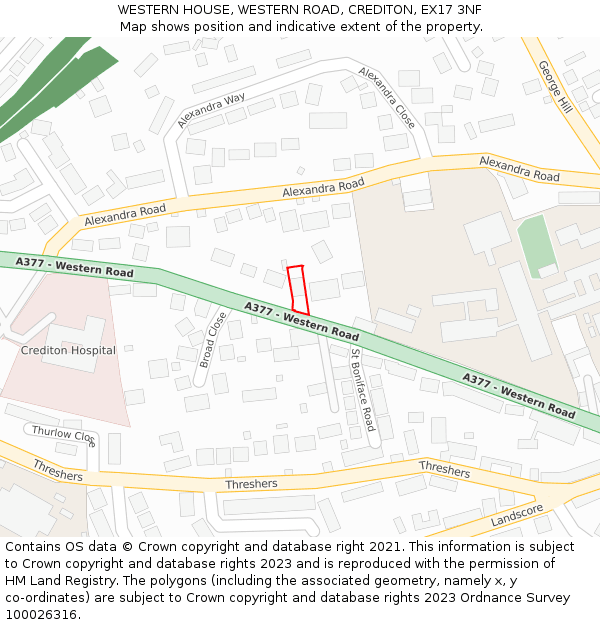 WESTERN HOUSE, WESTERN ROAD, CREDITON, EX17 3NF: Location map and indicative extent of plot