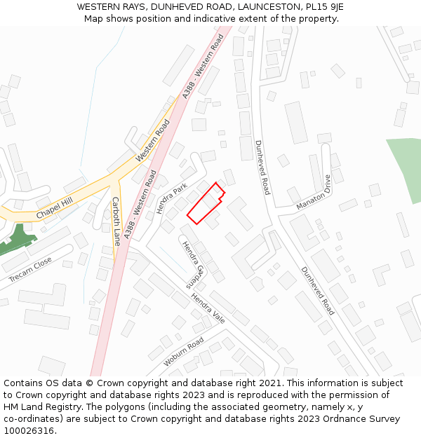 WESTERN RAYS, DUNHEVED ROAD, LAUNCESTON, PL15 9JE: Location map and indicative extent of plot