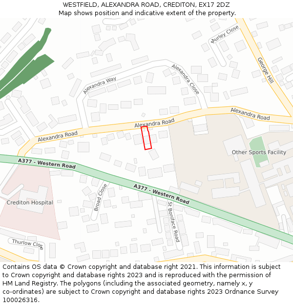 WESTFIELD, ALEXANDRA ROAD, CREDITON, EX17 2DZ: Location map and indicative extent of plot