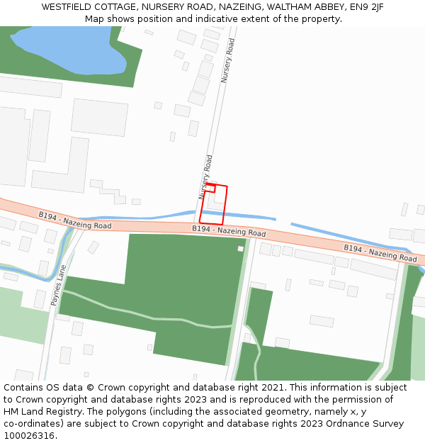 WESTFIELD COTTAGE, NURSERY ROAD, NAZEING, WALTHAM ABBEY, EN9 2JF: Location map and indicative extent of plot