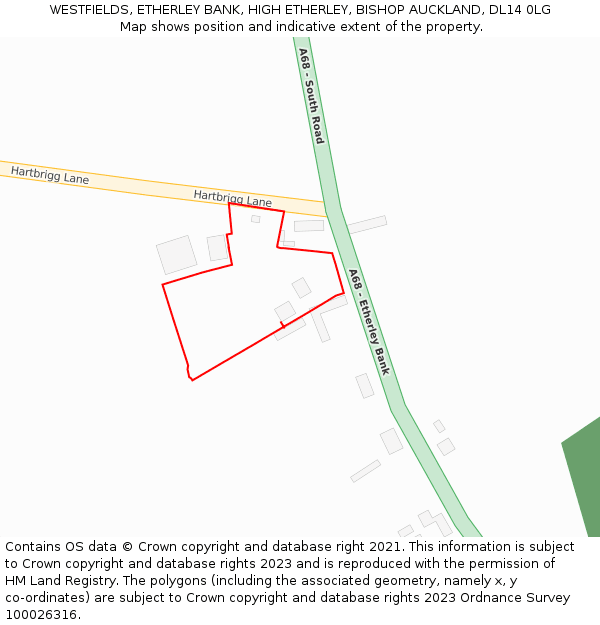 WESTFIELDS, ETHERLEY BANK, HIGH ETHERLEY, BISHOP AUCKLAND, DL14 0LG: Location map and indicative extent of plot