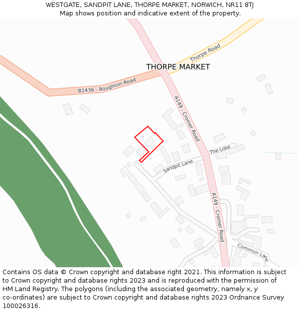 WESTGATE, SANDPIT LANE, THORPE MARKET, NORWICH, NR11 8TJ: Location map and indicative extent of plot