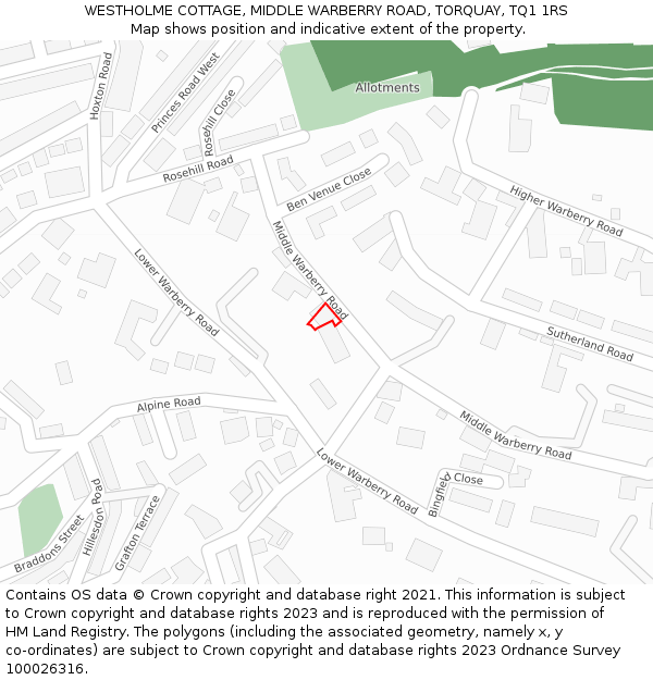 WESTHOLME COTTAGE, MIDDLE WARBERRY ROAD, TORQUAY, TQ1 1RS: Location map and indicative extent of plot