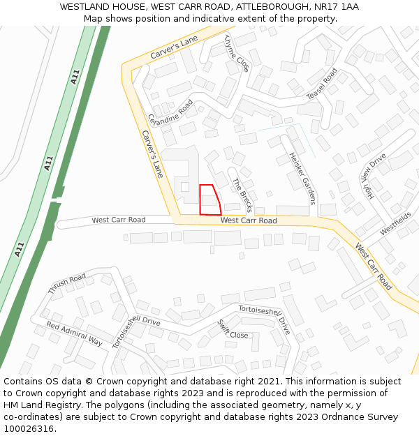 WESTLAND HOUSE, WEST CARR ROAD, ATTLEBOROUGH, NR17 1AA: Location map and indicative extent of plot