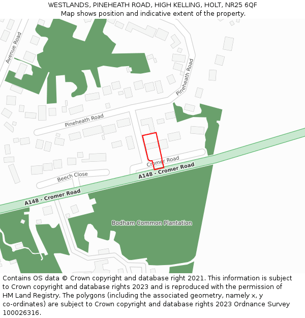 WESTLANDS, PINEHEATH ROAD, HIGH KELLING, HOLT, NR25 6QF: Location map and indicative extent of plot