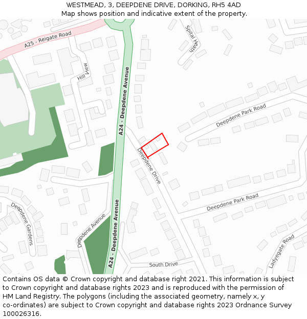 WESTMEAD, 3, DEEPDENE DRIVE, DORKING, RH5 4AD: Location map and indicative extent of plot