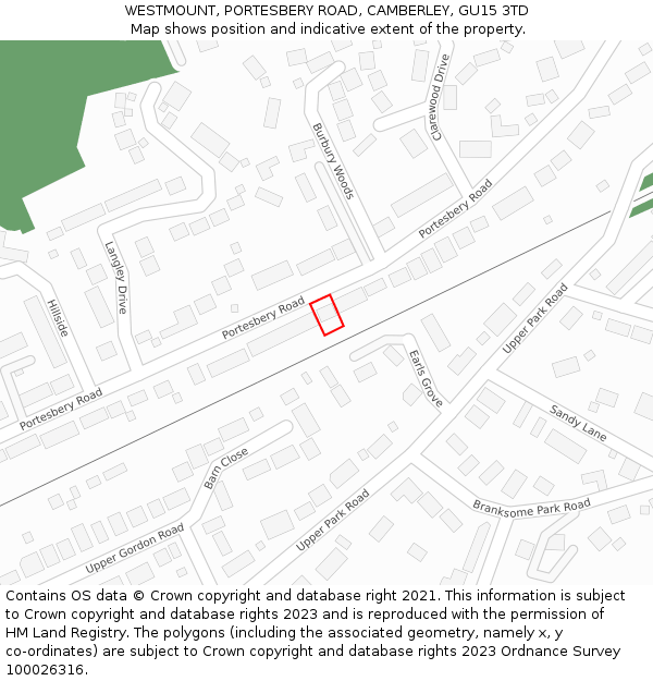 WESTMOUNT, PORTESBERY ROAD, CAMBERLEY, GU15 3TD: Location map and indicative extent of plot