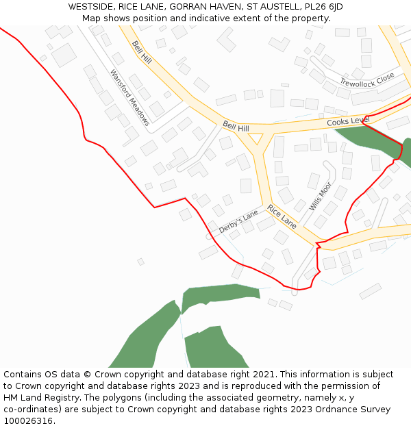 WESTSIDE, RICE LANE, GORRAN HAVEN, ST AUSTELL, PL26 6JD: Location map and indicative extent of plot