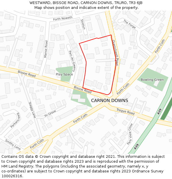 WESTWARD, BISSOE ROAD, CARNON DOWNS, TRURO, TR3 6JB: Location map and indicative extent of plot