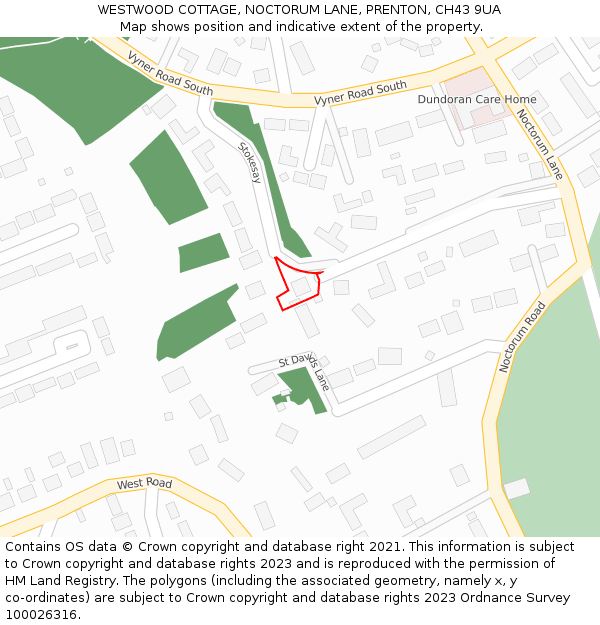 WESTWOOD COTTAGE, NOCTORUM LANE, PRENTON, CH43 9UA: Location map and indicative extent of plot