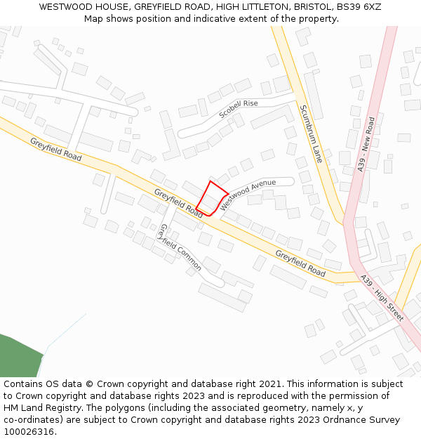 WESTWOOD HOUSE, GREYFIELD ROAD, HIGH LITTLETON, BRISTOL, BS39 6XZ: Location map and indicative extent of plot