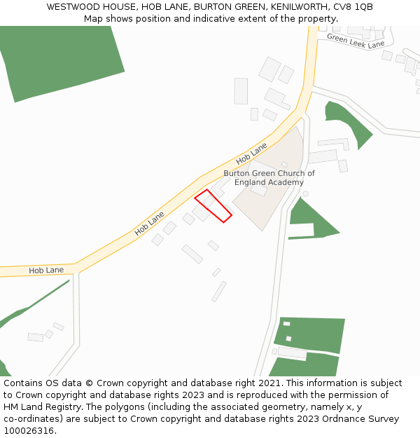 WESTWOOD HOUSE, HOB LANE, BURTON GREEN, KENILWORTH, CV8 1QB: Location map and indicative extent of plot