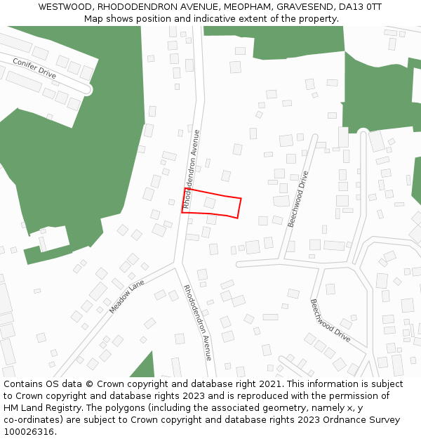 WESTWOOD, RHODODENDRON AVENUE, MEOPHAM, GRAVESEND, DA13 0TT: Location map and indicative extent of plot