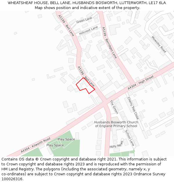 WHEATSHEAF HOUSE, BELL LANE, HUSBANDS BOSWORTH, LUTTERWORTH, LE17 6LA: Location map and indicative extent of plot