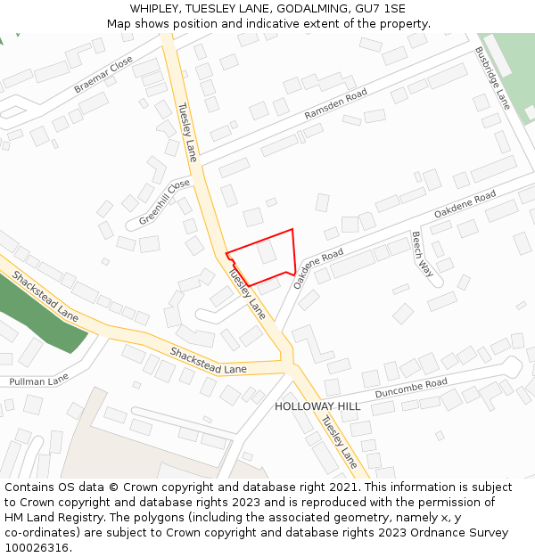 WHIPLEY, TUESLEY LANE, GODALMING, GU7 1SE: Location map and indicative extent of plot