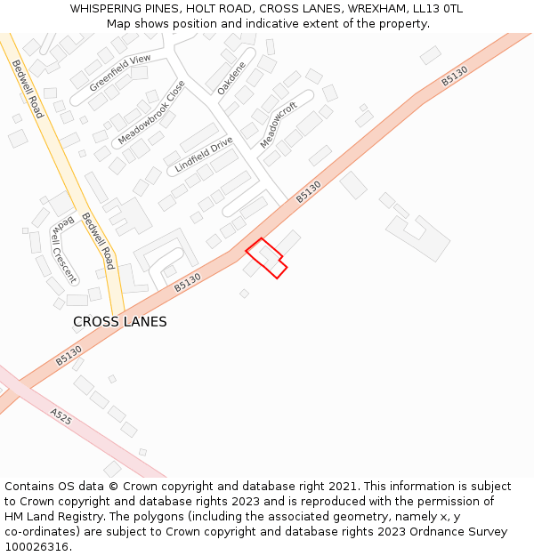 WHISPERING PINES, HOLT ROAD, CROSS LANES, WREXHAM, LL13 0TL: Location map and indicative extent of plot
