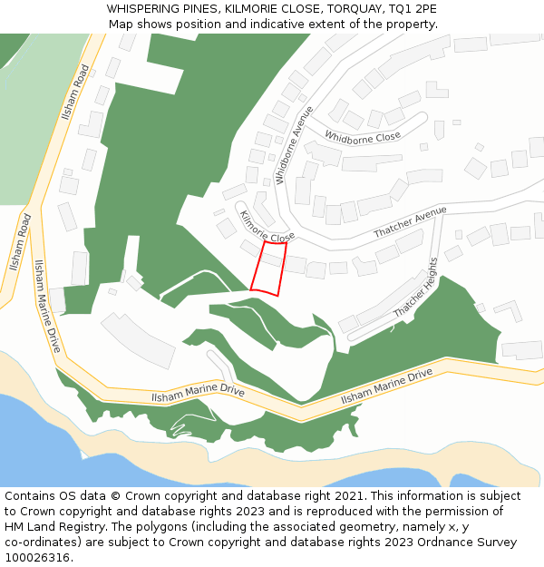 WHISPERING PINES, KILMORIE CLOSE, TORQUAY, TQ1 2PE: Location map and indicative extent of plot