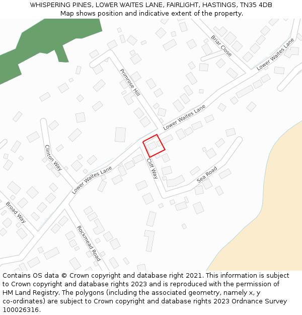 WHISPERING PINES, LOWER WAITES LANE, FAIRLIGHT, HASTINGS, TN35 4DB: Location map and indicative extent of plot