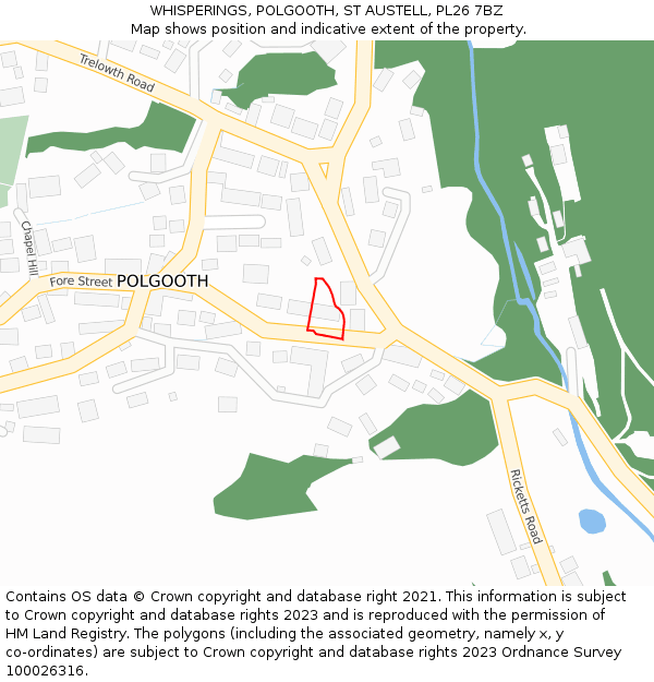 WHISPERINGS, POLGOOTH, ST AUSTELL, PL26 7BZ: Location map and indicative extent of plot