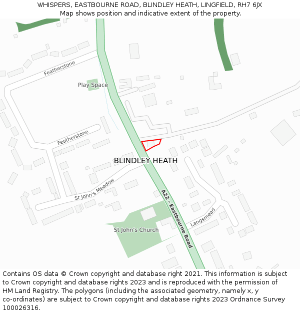 WHISPERS, EASTBOURNE ROAD, BLINDLEY HEATH, LINGFIELD, RH7 6JX: Location map and indicative extent of plot