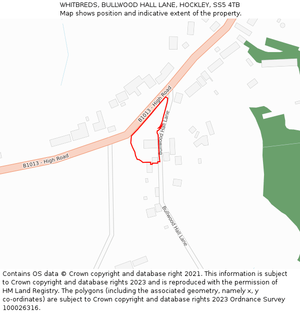 WHITBREDS, BULLWOOD HALL LANE, HOCKLEY, SS5 4TB: Location map and indicative extent of plot