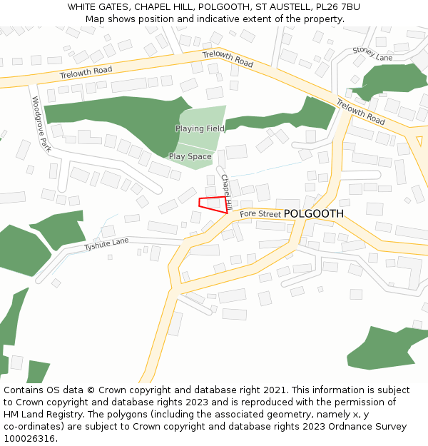 WHITE GATES, CHAPEL HILL, POLGOOTH, ST AUSTELL, PL26 7BU: Location map and indicative extent of plot