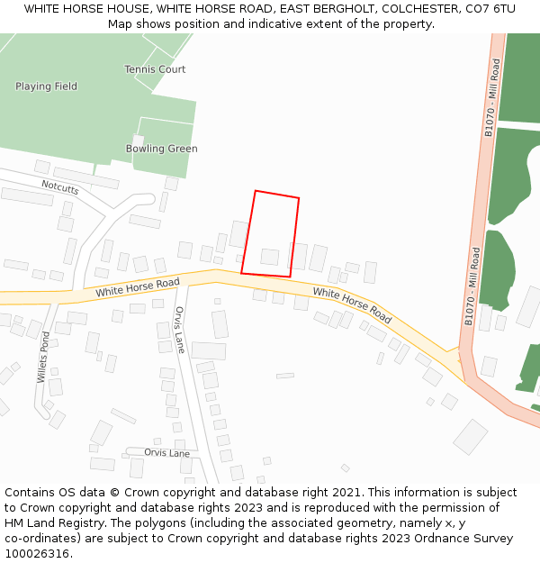 WHITE HORSE HOUSE, WHITE HORSE ROAD, EAST BERGHOLT, COLCHESTER, CO7 6TU: Location map and indicative extent of plot
