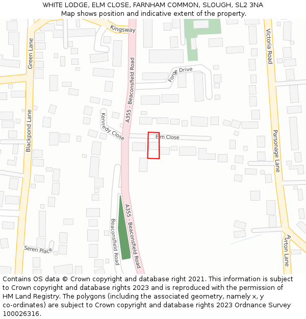 WHITE LODGE, ELM CLOSE, FARNHAM COMMON, SLOUGH, SL2 3NA: Location map and indicative extent of plot