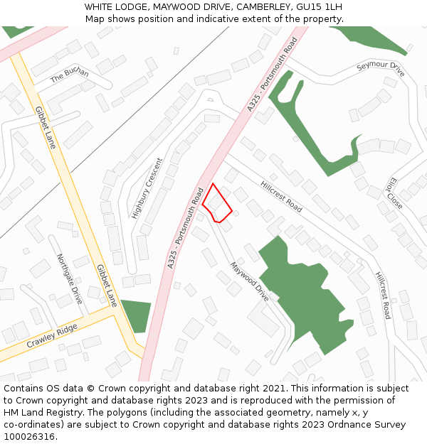 WHITE LODGE, MAYWOOD DRIVE, CAMBERLEY, GU15 1LH: Location map and indicative extent of plot