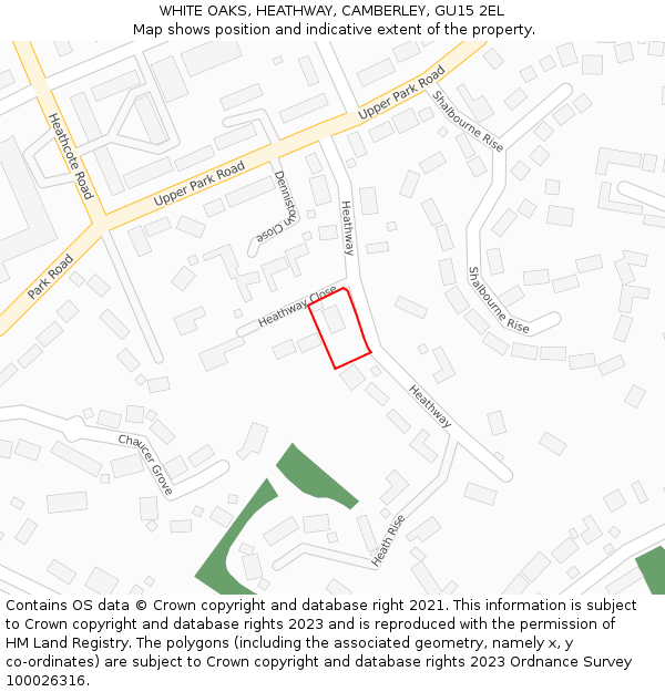 WHITE OAKS, HEATHWAY, CAMBERLEY, GU15 2EL: Location map and indicative extent of plot