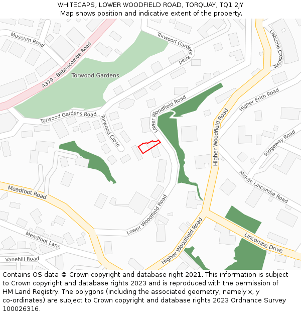 WHITECAPS, LOWER WOODFIELD ROAD, TORQUAY, TQ1 2JY: Location map and indicative extent of plot