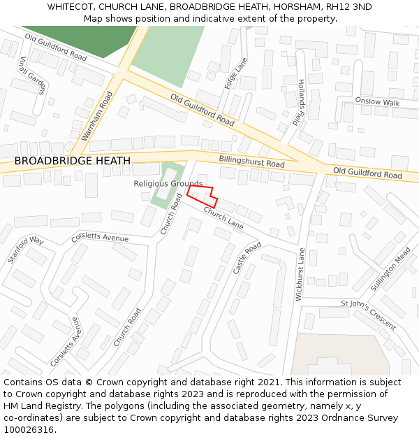 WHITECOT, CHURCH LANE, BROADBRIDGE HEATH, HORSHAM, RH12 3ND: Location map and indicative extent of plot