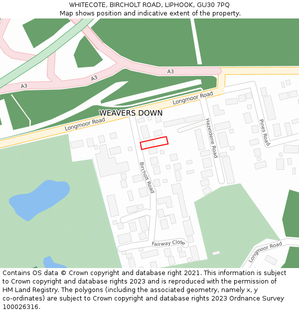 WHITECOTE, BIRCHOLT ROAD, LIPHOOK, GU30 7PQ: Location map and indicative extent of plot