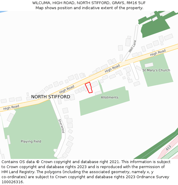 WILCUMA, HIGH ROAD, NORTH STIFFORD, GRAYS, RM16 5UF: Location map and indicative extent of plot